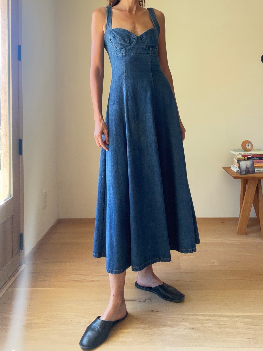Sleeveless Blue Denim Maxi Dress with Sweetheart Bodice